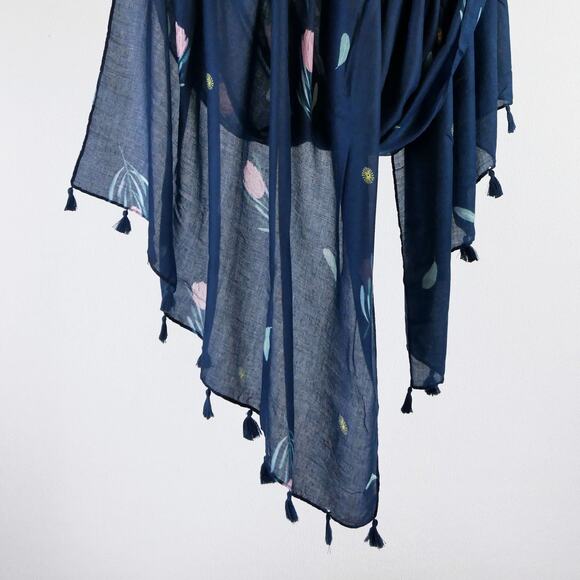 NEW Boho Floral Design Tasseled Rectangle Soft Chic Scarf Large Blue Pink White - Picture 9 of 15